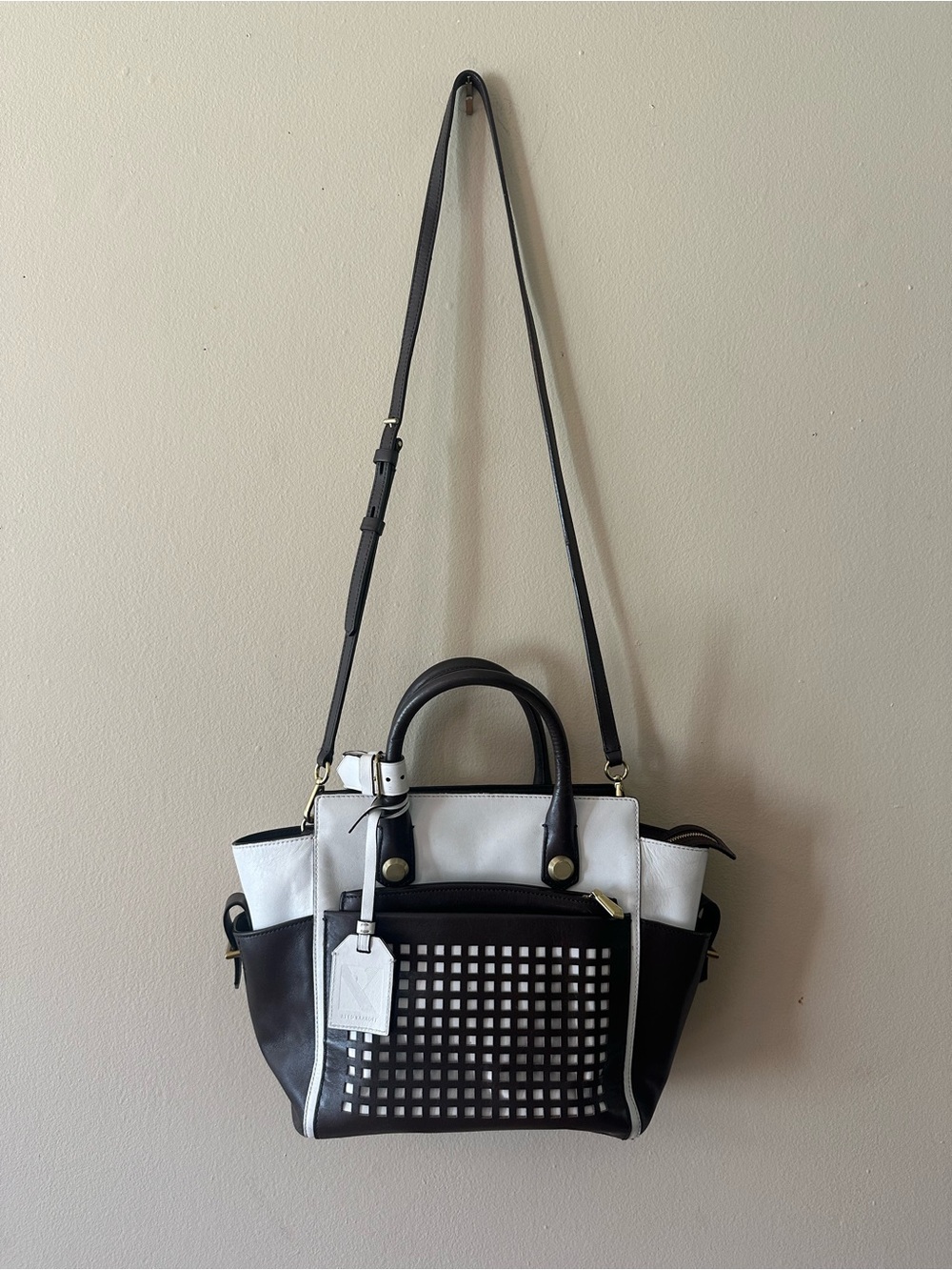 Reed Krakoff Atlantique Perforated Laser Cut Leather Tote Bag in Bark & White